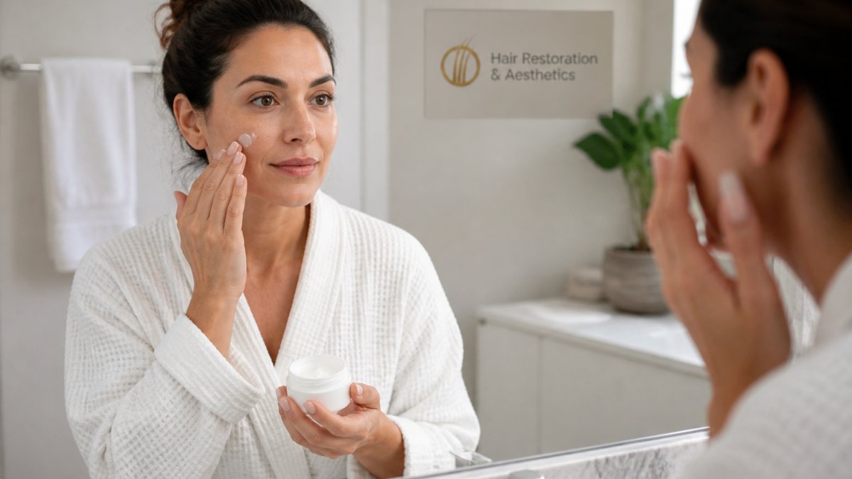 A woman in her thirties applying a gentle fragrance-free moisturizer to her face in a bright bathroom mirror, soft natural light, calm and clinical tone
