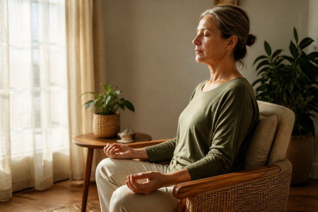 An adult sitting in a comfortable armchair with eyes closed in a quiet, softly lit living room, hands resting gently on knees in a calm meditation posture, warm afternoon light filtering through sheer curtains