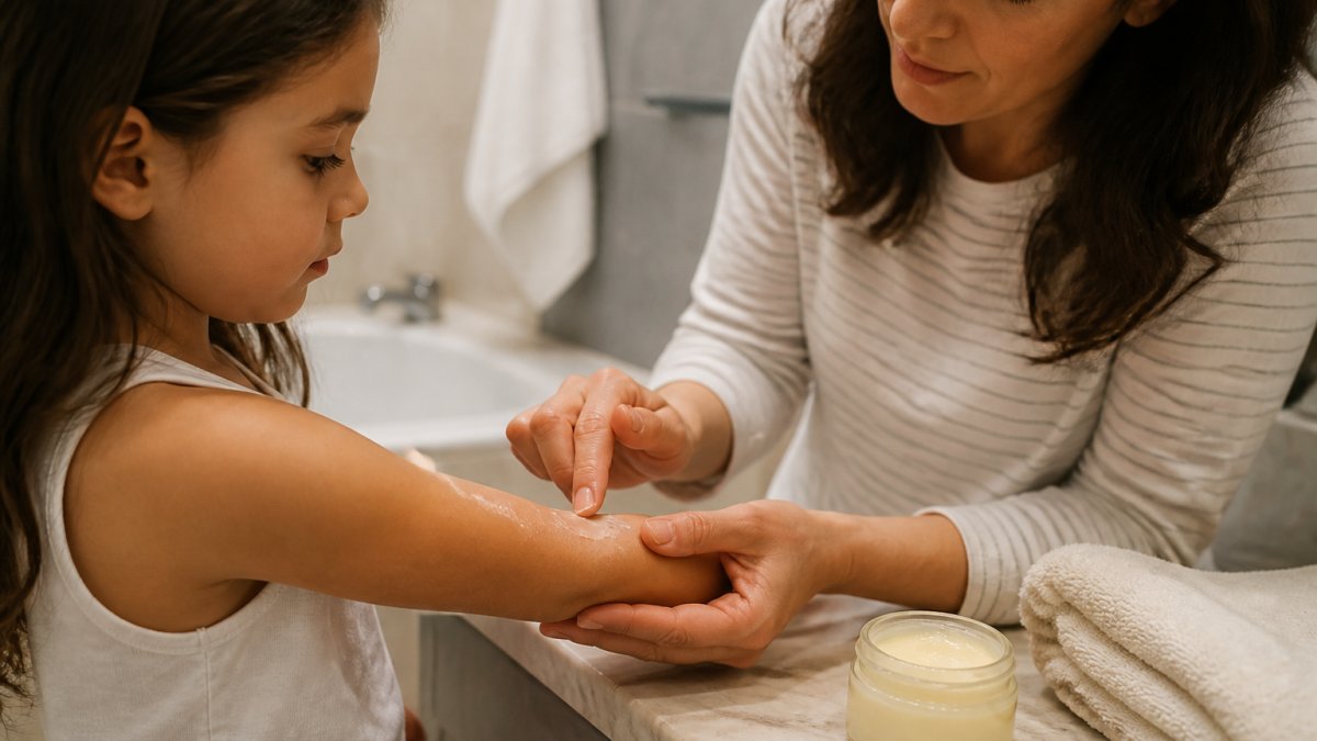Parent applying a thick moisturizing balm to a child's dry forearm in a warm, softly lit bathroom setting