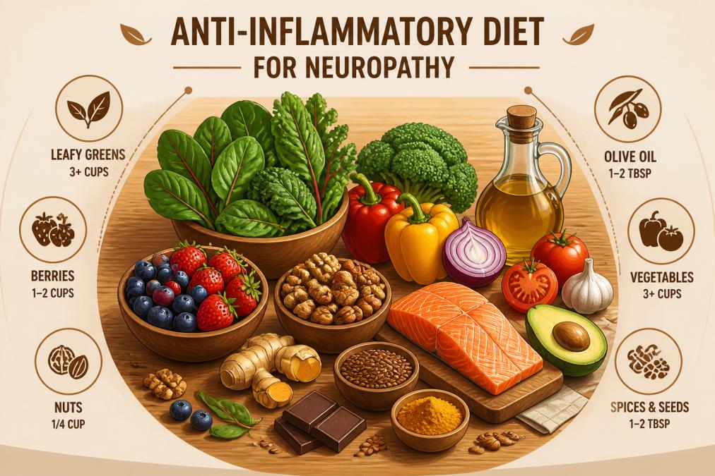 Colorful spread of anti-inflammatory foods on a wooden table including leafy greens, berries, nuts, olive oil, and fresh vegetables with natural sunlight