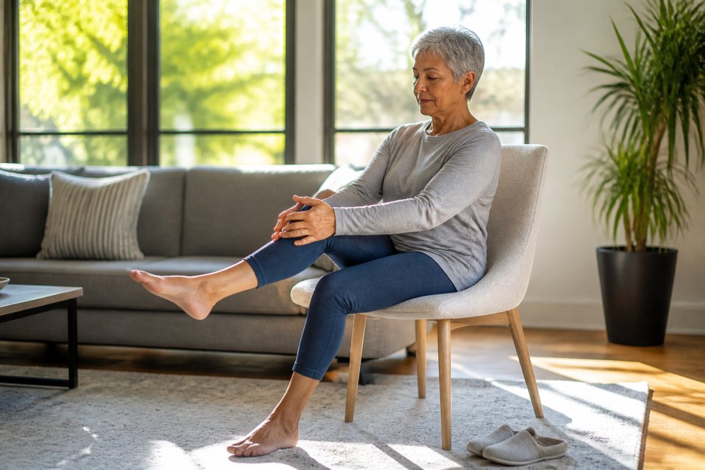 Older adult performing gentle leg stretches while seated in a bright living room with natural sunlight streaming through windows