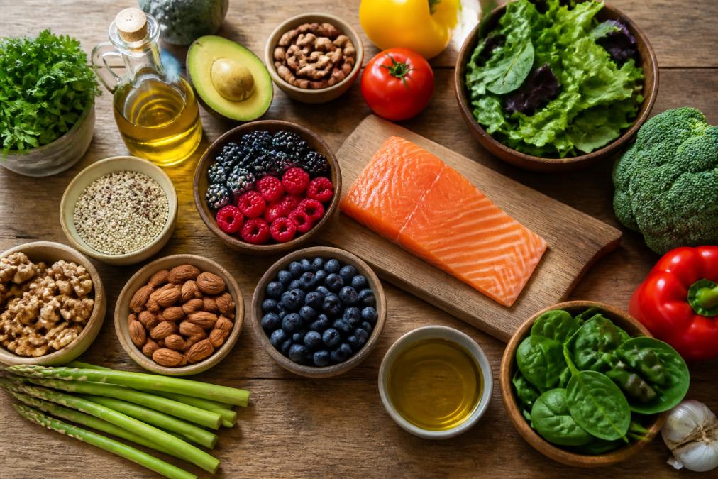 Colorful overhead arrangement of fresh vegetables, leafy greens, berries, nuts, salmon fillet, and olive oil on a wooden table with natural light