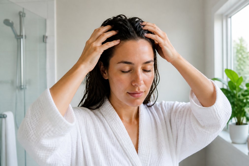 A woman gently massaging a natural oil treatment into her scalp with fingertips, eyes closed and calm expression, in a bright bathroom setting with soft natural light