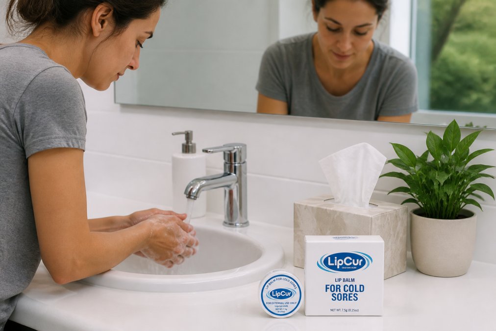 Person in a clean bathroom washing hands thoroughly at a sink, with a lip balm and tissue box visible on the counter, demonstrating proper hygiene protocols during a cold sore outbreak