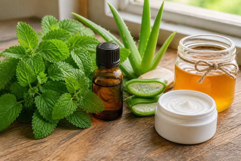 Close-up of natural cold sore remedies arranged on a wooden surface including fresh lemon balm leaves, amber bottle of tea tree oil, aloe vera plant with gel visible, raw honey in a glass jar, and white zinc oxide cream in a small container with natural window lighting