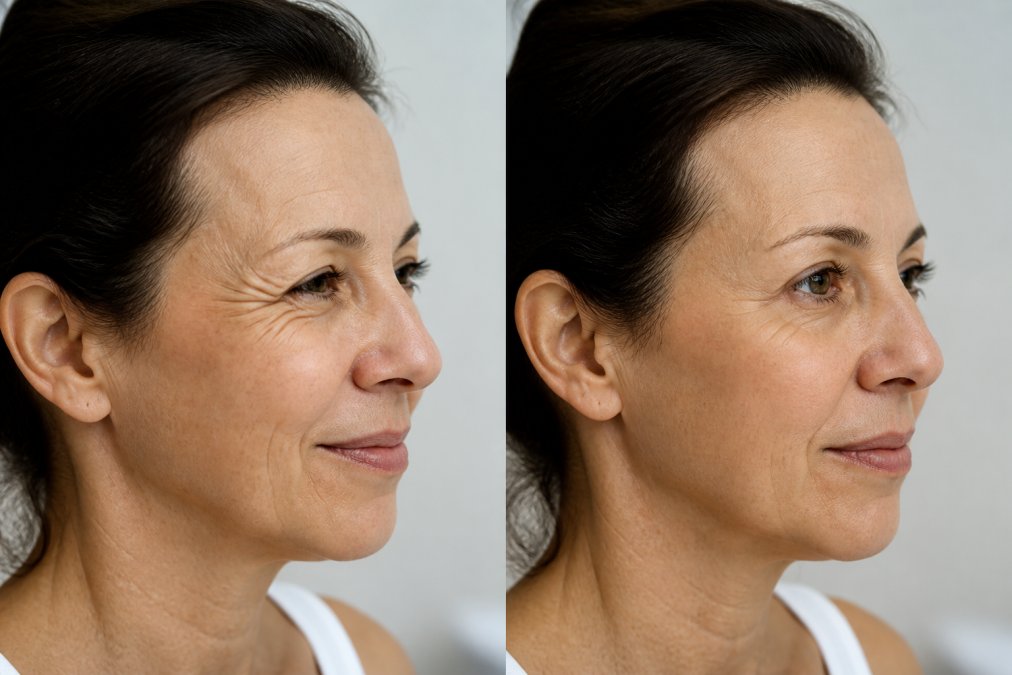 Close-up profile of a woman in her 50s with visible smile lines and forehead wrinkles, natural lighting, clean clinical background