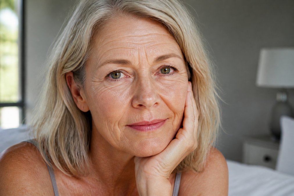Close-up of mature woman's face showing deep lines and wrinkles around eyes, mouth, and forehead in natural morning light, relaxed expression