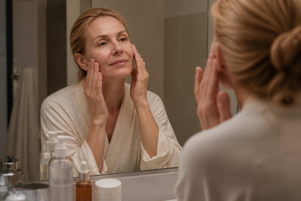 Woman applying serum and moisturizer to face in front of bathroom mirror during evening skincare routine, with product bottles visible on counter and warm bathroom lighting