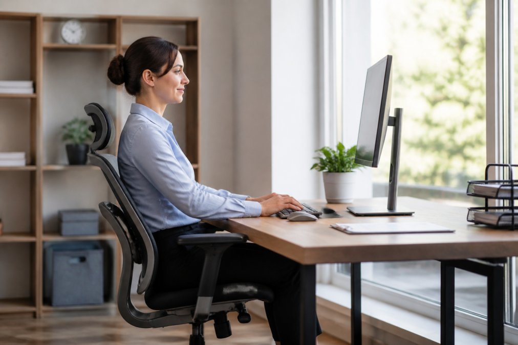 Professional office worker sitting at desk with monitor positioned at eye level, chair properly adjusted with lumbar support, shoulders relaxed, neutral spine alignment, natural window lighting from the side