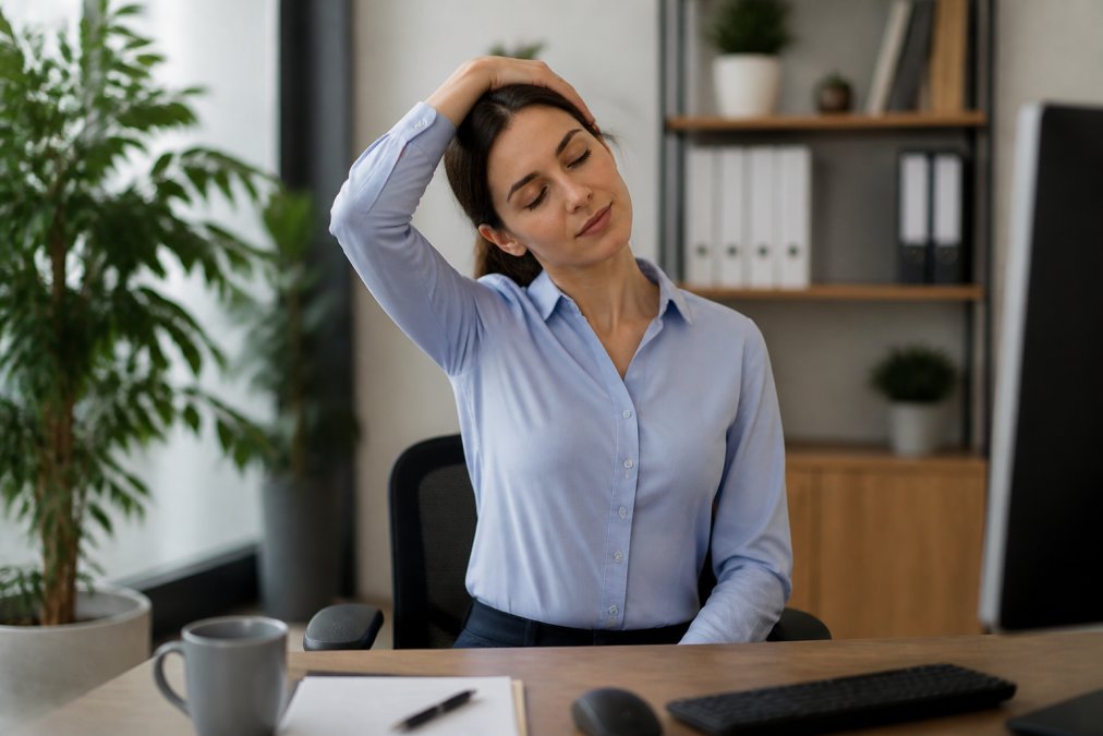 Office worker at desk performing gentle neck stretch with head tilted toward shoulder, maintaining neutral spine, relaxed shoulders, professional office setting with soft natural lighting