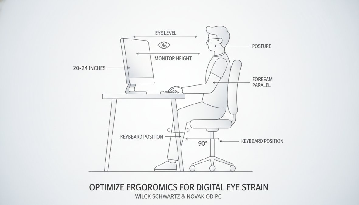 Ergonomic workspace showing monitor at eye level with proper distance, keyboard and mouse at elbow height, person sitting upright with neutral spine posture, and adjustable desk lamp