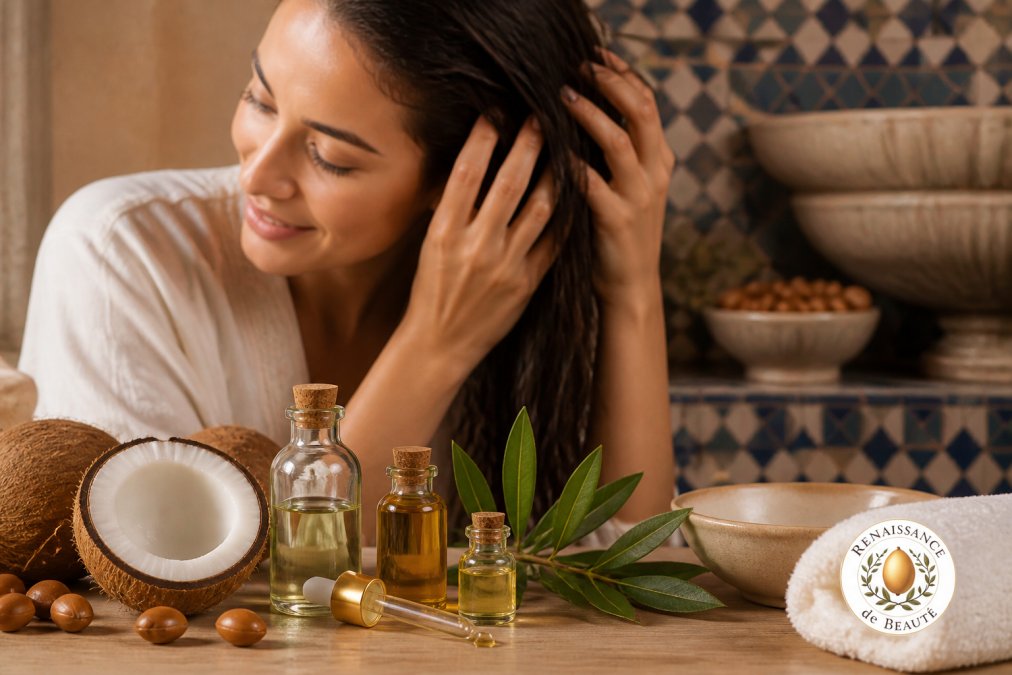 Close-up of small glass bottles of natural oils, coconut, argan, and tea tree, arranged on a wooden surface with a few green leaves and a glass dropper catching warm natural light