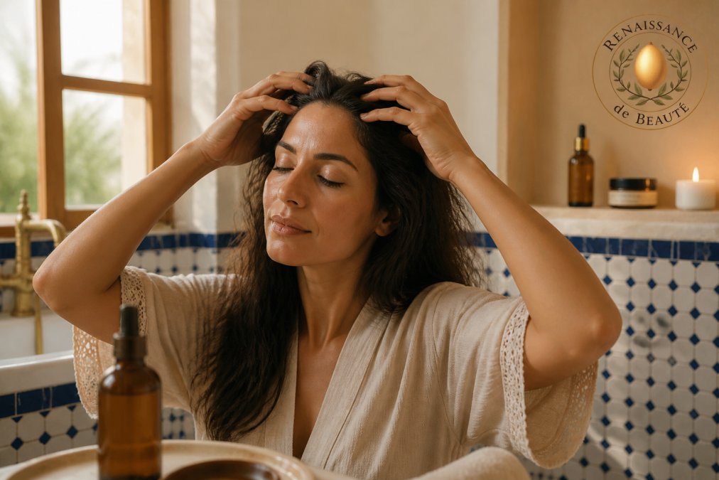 Woman with long dark hair gently massaging oil into her scalp with fingertips, soft natural light streaming through a bathroom window, relaxed and unhurried expression