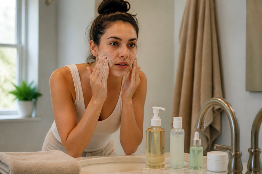Person applying gentle facial cleanser to face with fingertips, standing at bathroom sink with soft natural light, clean towel nearby, skincare products arranged on counter