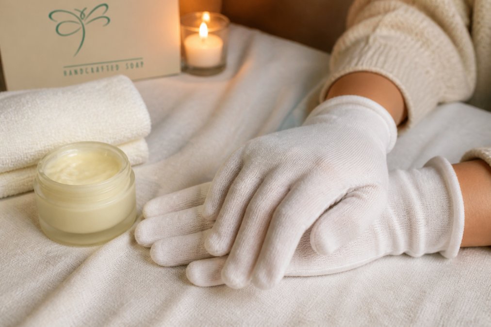 Hands coated in thick moisturizer and cotton gloves treating dry skin on hands overnight on a linen surface
