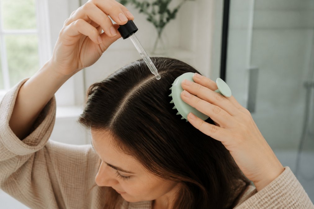 Person using a silicone scalp brush to apply serum to address early hair thinning in a bright bathroom