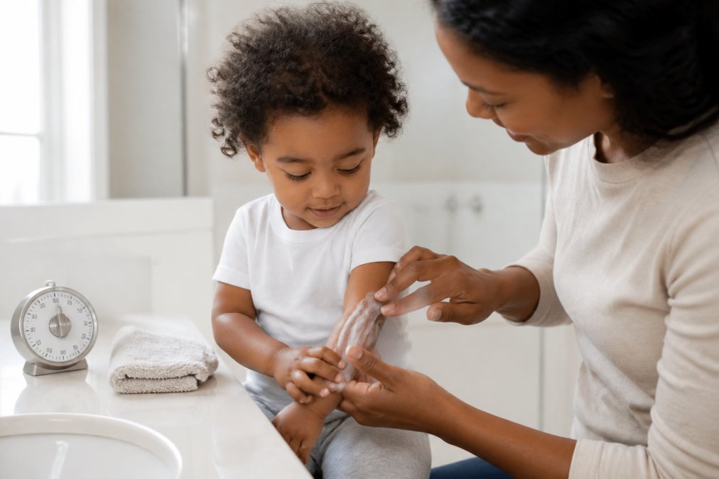 A parent gently applying thick moisturizer to a young child's forearm in a bright, clean bathroom, with a small kitchen timer on the counter beside a folded cotton towel
