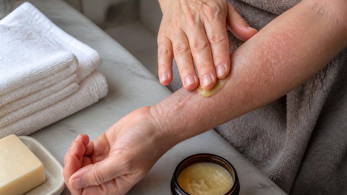Close-up of a person's hands applying a rich salve to a dry forearm right after a bath, with a folded towel and a bar of soap nearby on a bathroom counter