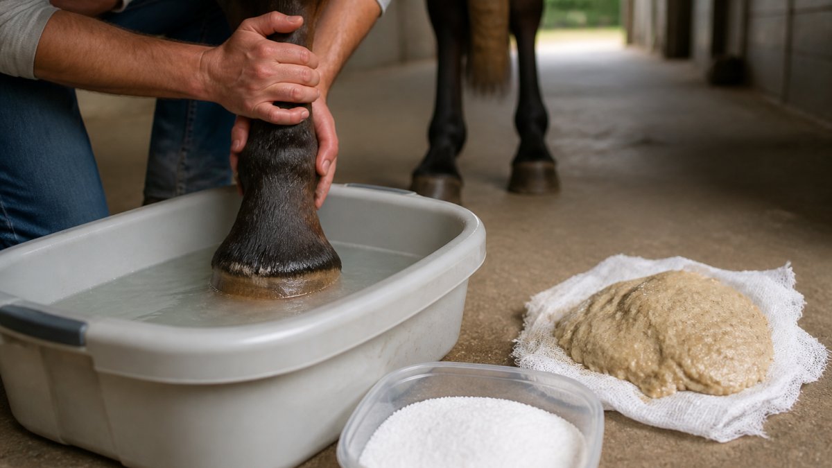 Handler soaking a horse's hoof in an Epsom salt bath to treat painful hoof abscesses in a barn aisle
