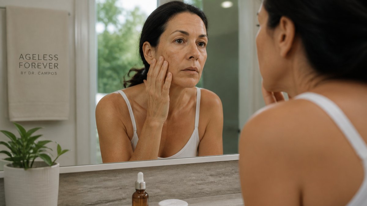 A woman in her forties examining her cheek in a bathroom mirror, natural daylight, a small bottle of serum and cotton pads on the counter beside her