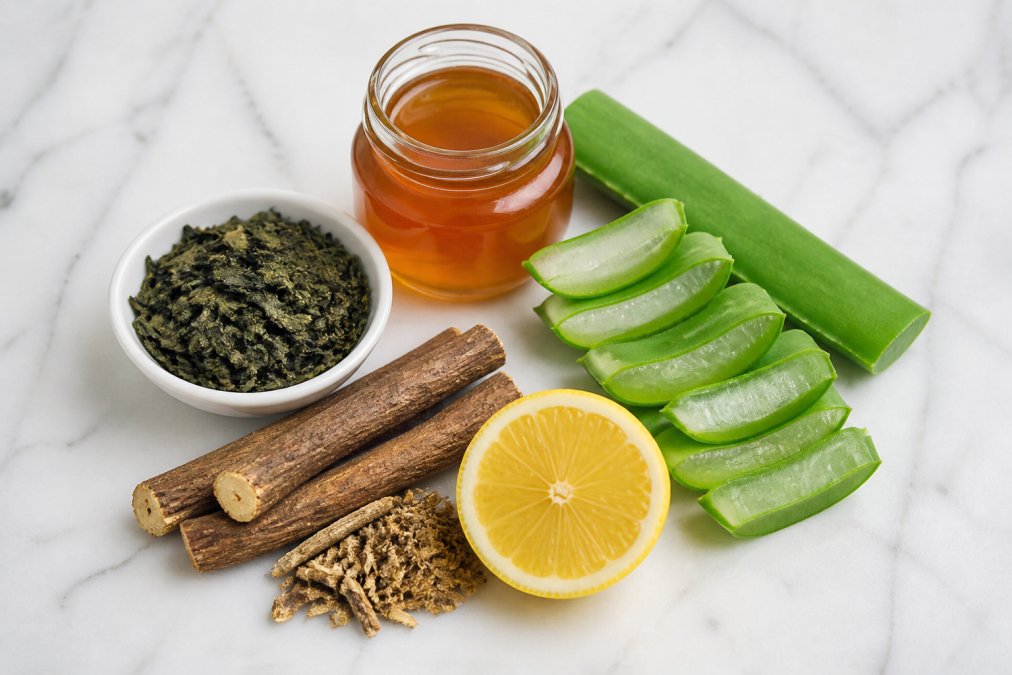 Flat lay of natural skincare ingredients on a white marble surface: a small jar of honey, sliced aloe vera leaf, dried licorice root, green tea leaves, and a cut lemon arranged neatly together