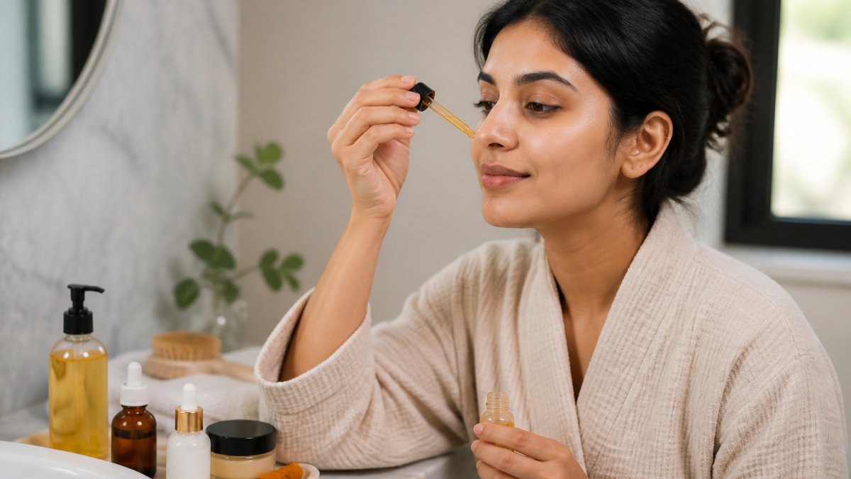 A woman with sensitive skin gently applying a turmeric serum to her face in a softly lit bathroom, with skincare bottles on a marble counter