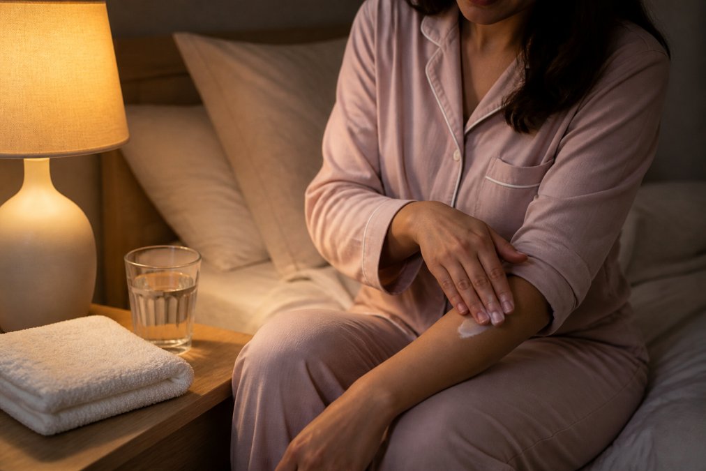 Person in soft pajamas applying moisturizer to soothe itchy skin before bed in a warm, dimly lit room.