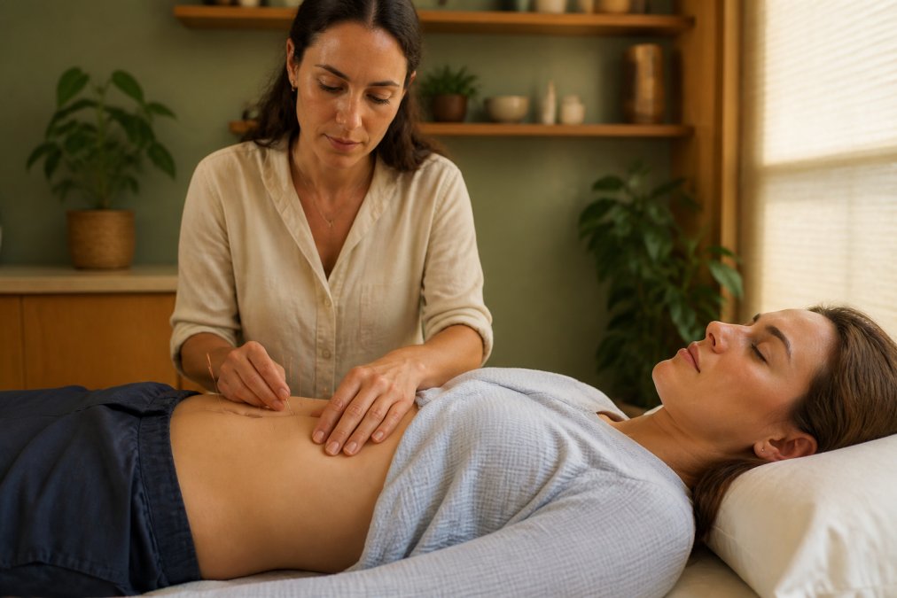 Licensed acupuncturist performing treatment on patient's abdomen with needles placed at key digestive acupuncture points, calm clinical setting with warm natural lighting and patient in relaxed reclined position