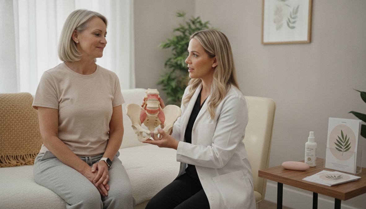 Healthcare professional demonstrating pelvic floor muscle assessment and relaxation technique with patient in clinical wellness setting with natural lighting