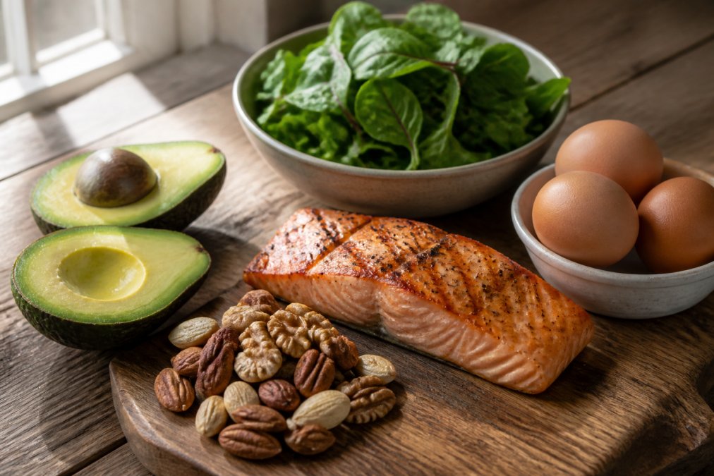A healthy meal spread featuring grilled salmon fillet, fresh leafy greens, mixed nuts, whole eggs, and avocado arranged on a wooden cutting board with natural window lighting