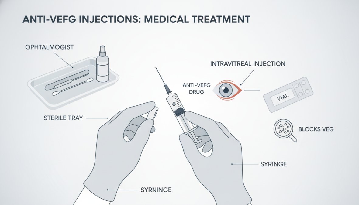 Close-up of an ophthalmologist's gloved hands preparing a syringe for intravitreal injection, with sterile instruments and bright surgical lighting visible