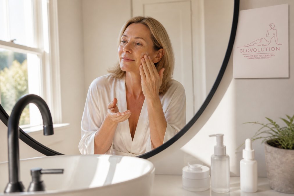 Woman in her 50s applying moisturizer to her face in natural morning light, showing hydration routine with ceramides and hyaluronic acid products on bathroom counter