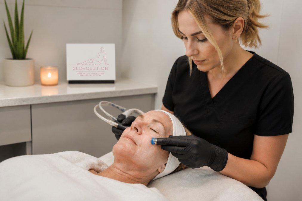 Professional esthetician performing an advanced facial treatment on mature woman, showing clinical skincare technology in a medical spa setting