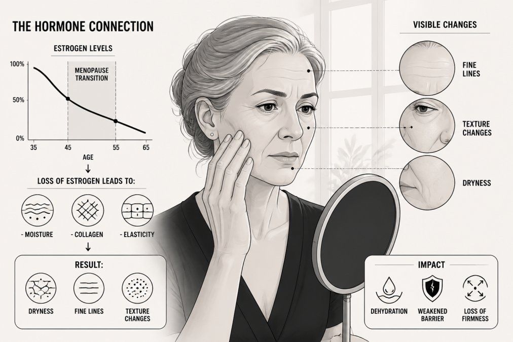 Mature woman examining her skin in natural light, showing concern about fine lines and texture changes on her cheek and forehead near a window