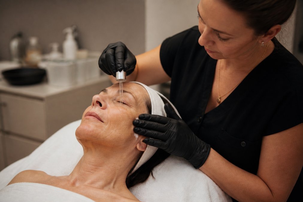 Woman receiving a professional facial treatment in a clinical spa setting, a trained esthetician applying serum to her face with a gentle technique under soft overhead lighting