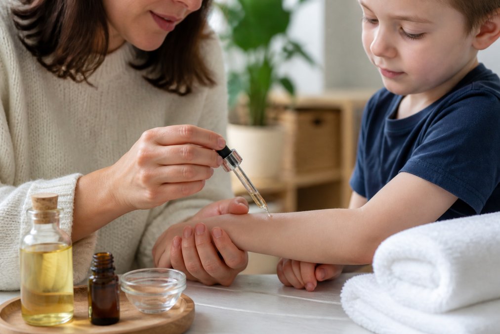 A parent gently applying a small amount of clear oil from a dropper bottle onto a child's arm, with a carrier oil bottle and soft towel nearby on a bright, clean surface