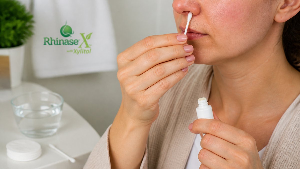Close-up of hands carefully applying antibiotic ointment to the nasal vestibule area with a clean cotton swab, demonstrating proper gentle technique in natural lighting