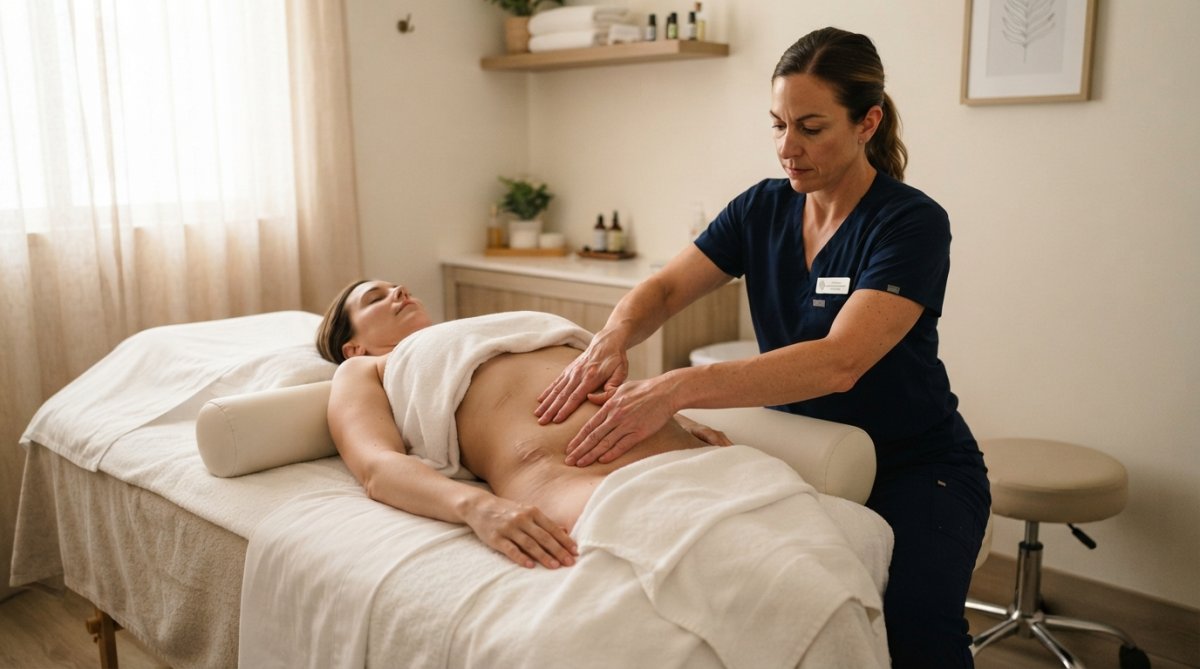 Massage therapist performing lymphatic drainage to treat old fibrosis after lipo on a client's abdomen