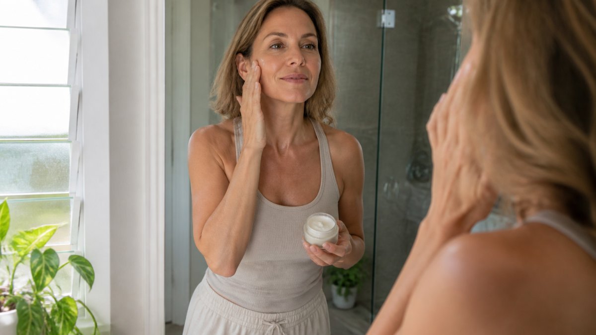 Woman in her 40s applying whipped tallow moisturiser to her face while looking at her reflection, natural window lighting, calm satisfied expression
