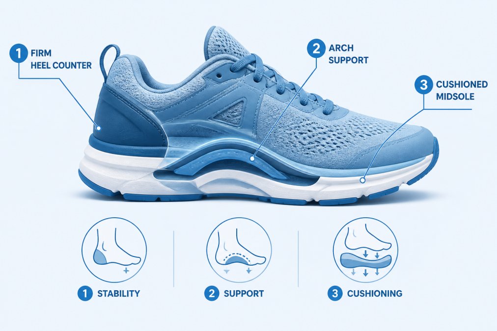 Close-up of a supportive athletic shoe showing visible arch support structure, firm heel counter, and cushioned midsole on a neutral grey background