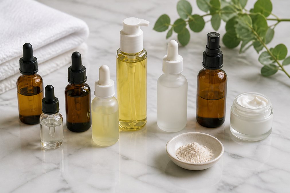 Flat lay of skincare bottles and serums arranged neatly on a white marble surface, including products with visible ingredient labels, soft natural lighting