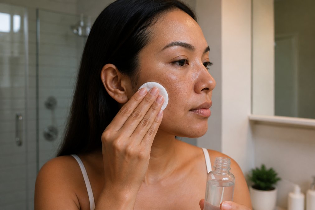 Close-up of a person applying a clear skincare solution to their face using a cotton pad, bathroom setting with soft warm lighting, focused on the cheek area