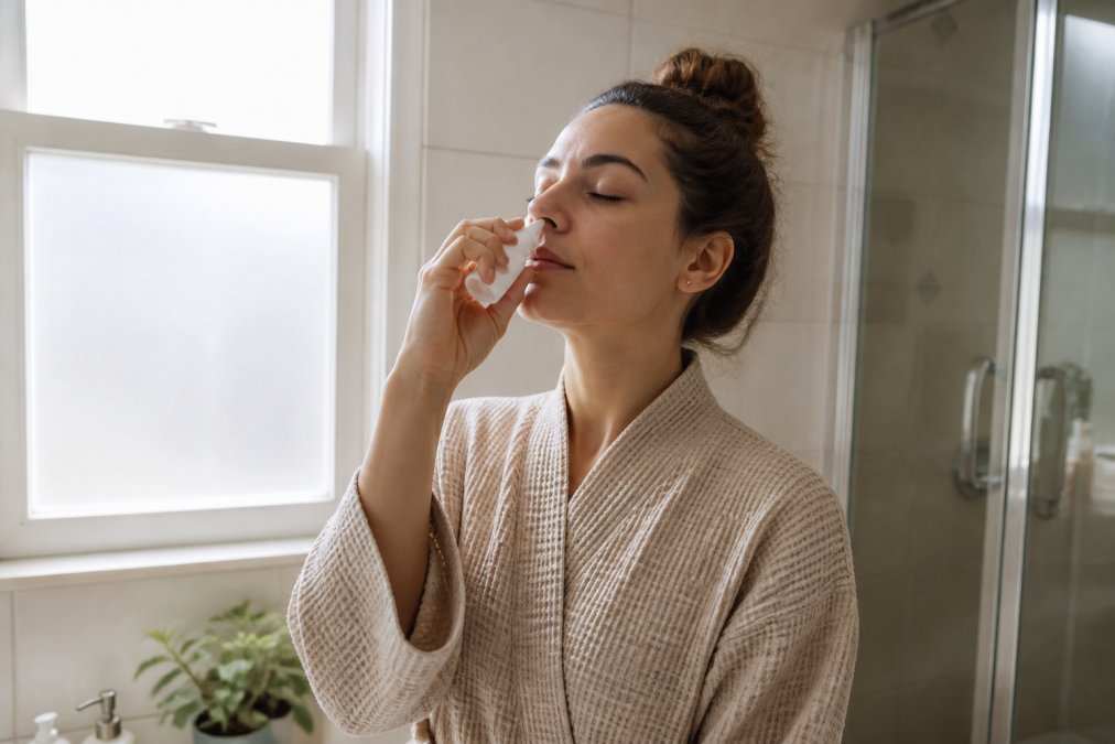 A person using a saline nasal spray while standing in a bright bathroom, eyes closed, one hand gently holding the spray bottle to their nostril, soft morning light coming through a frosted window