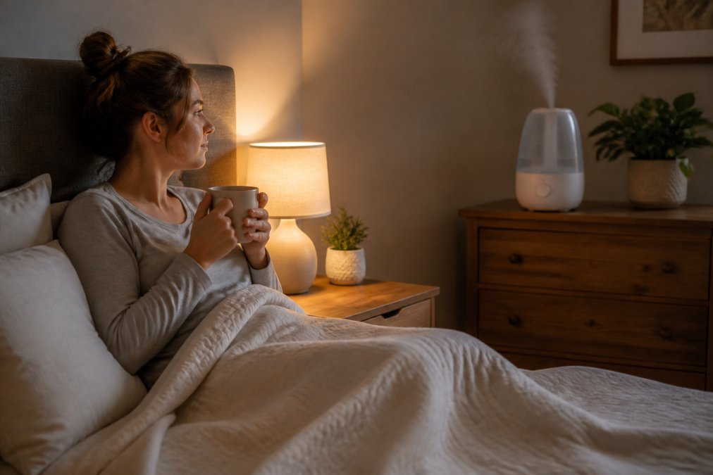 A person sitting up in bed with a mug of warm tea on the nightstand, a humidifier running on a nearby dresser emitting gentle mist, soft warm lamp light in a calm, tidy bedroom