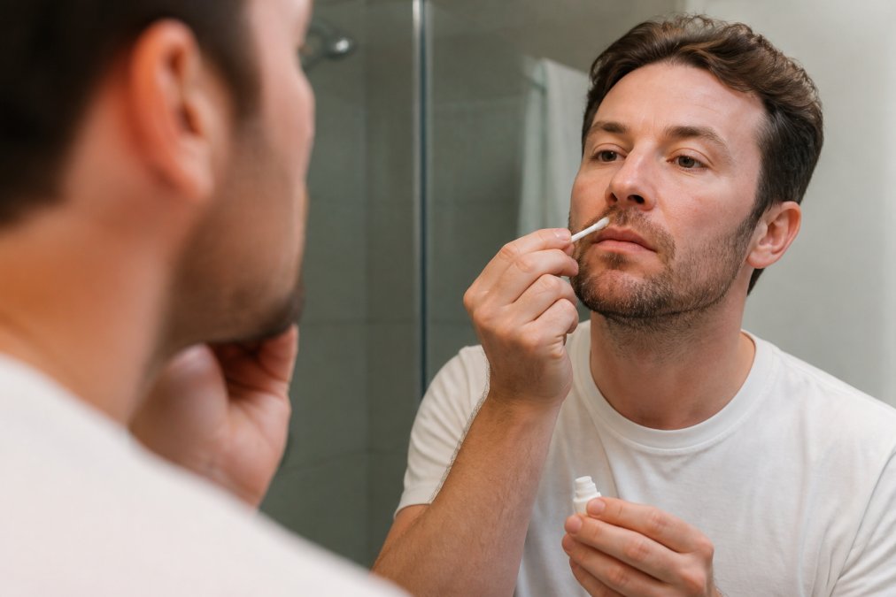 Person carefully applying a cold sore treatment product with a clean disposable applicator to their upper lip, with a mirror and bathroom lighting in the background