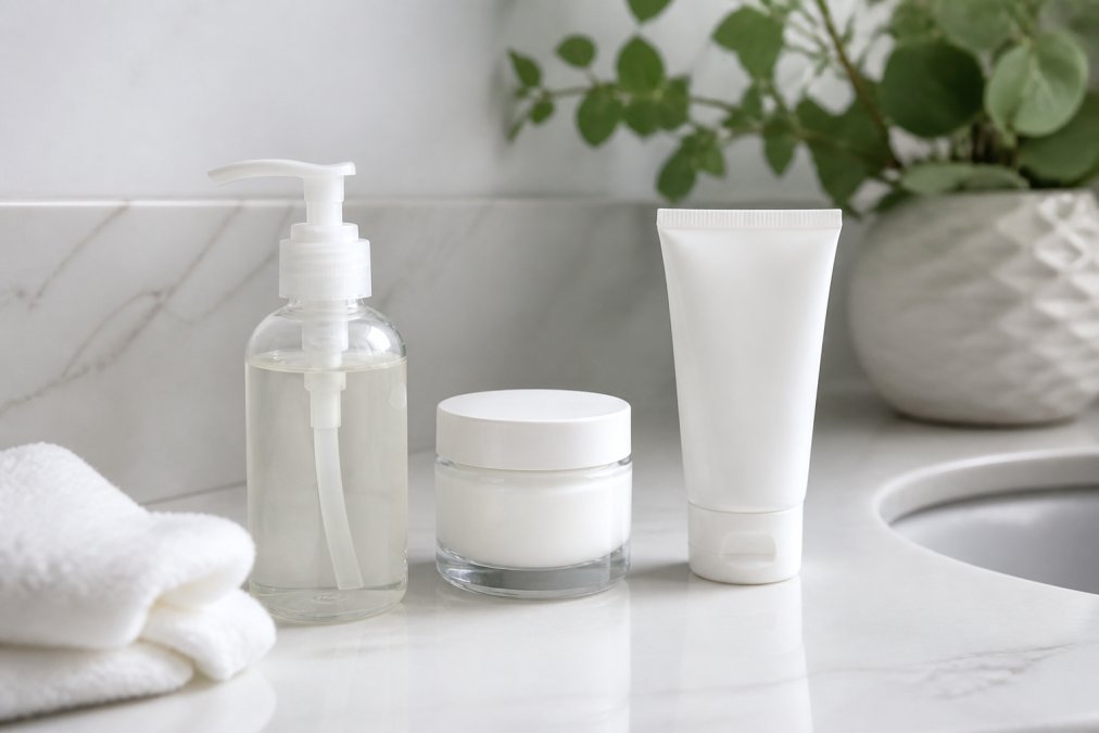 A flat-lay photo of a minimal, fragrance-free skincare routine on a clean white counter. Items include a gentle cleanser, a hypoallergenic moisturizer, and a high-SPF mineral sunscreen, arranged neatly with a soft green plant in the background