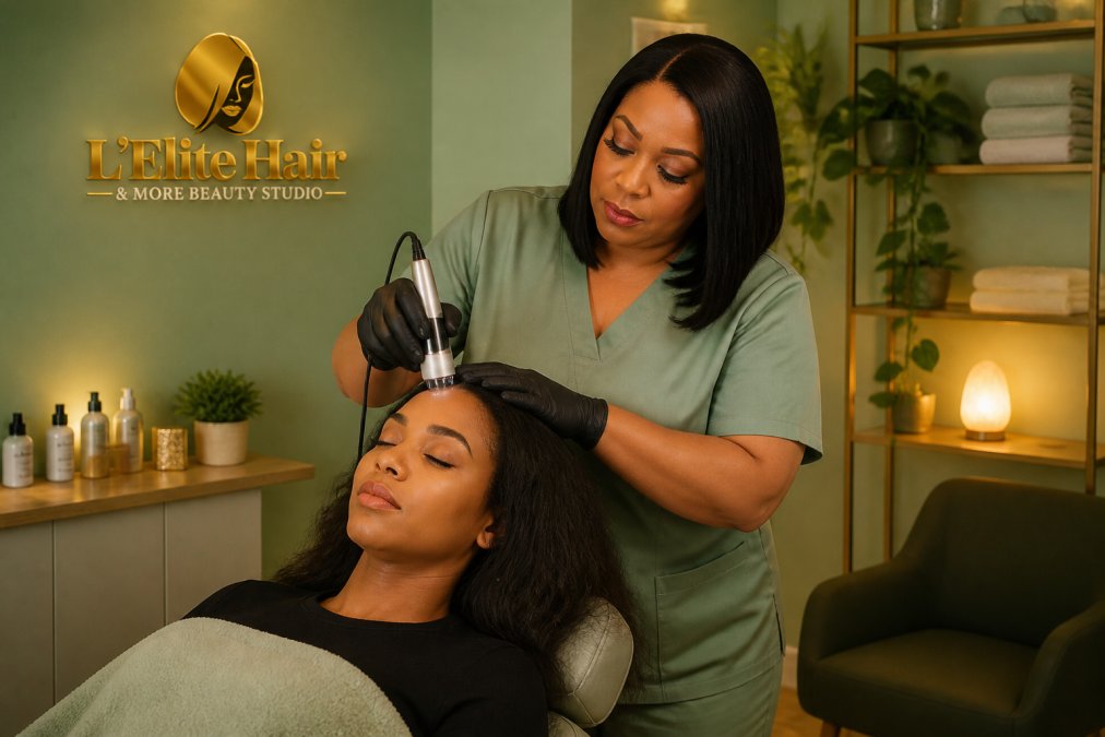A cosmetologist using a handheld microscopy scope to examine a client's scalp in a calm, softly lit salon room, with the client seated comfortably and relaxed