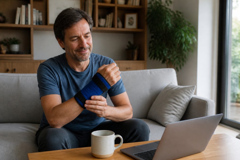 Diagram illustrating how to treat tendonitis at home using a cold compression sleeve on the wrist
