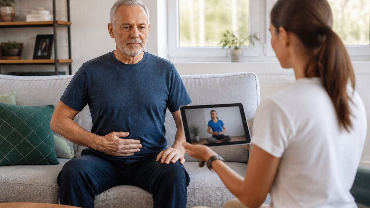 A man in his 60s sitting comfortably in a bright living room, focused on a subtle pelvic floor exercise, with a physiotherapist guiding him via a tablet
