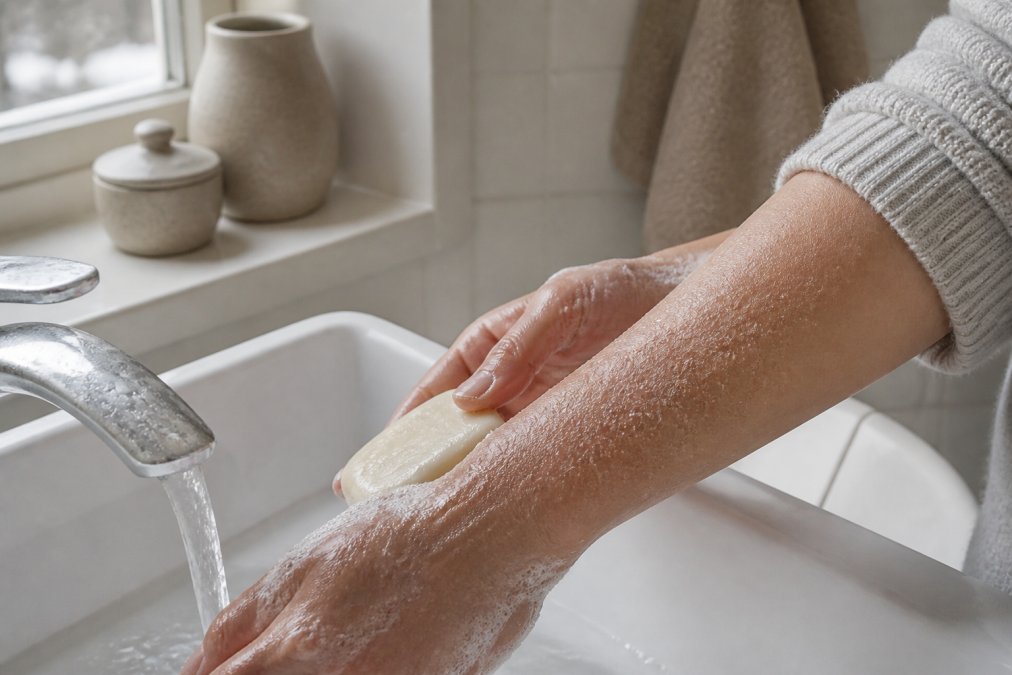 Person with dry, flaky skin lathering creamy bar soap under lukewarm water in a softly lit bathroom